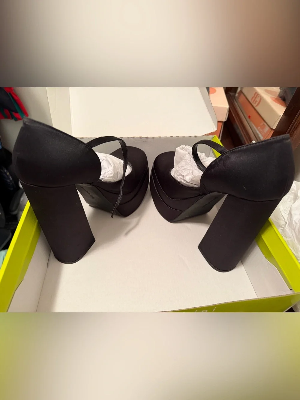 Gianni Bini Black Satin Square Toe Platform Mary Jane Heels